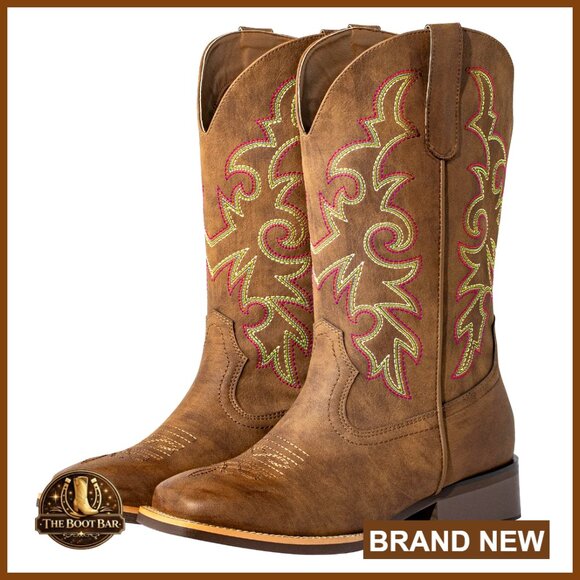 Extra Wide Calf Cowboy Boots Square Toe Pull-On Western Boots Faux Leather
